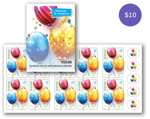Moments to Treasure booklet of 10 x 1 balloon stamps Maxicard set