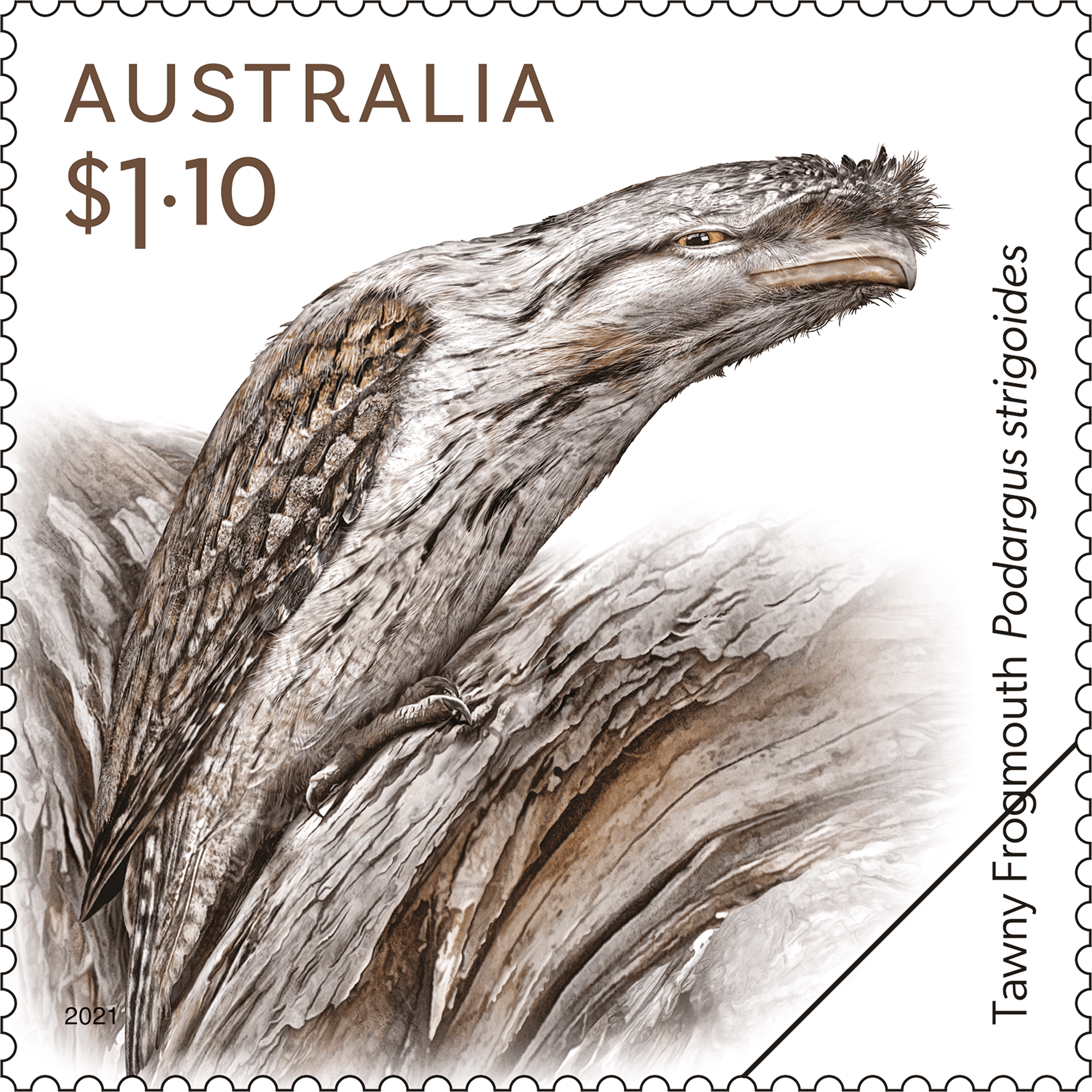 2021_Nature's_Mimics_Stamp_03_400 $1.10 Tawny Frogmouth, Podargus strigoides