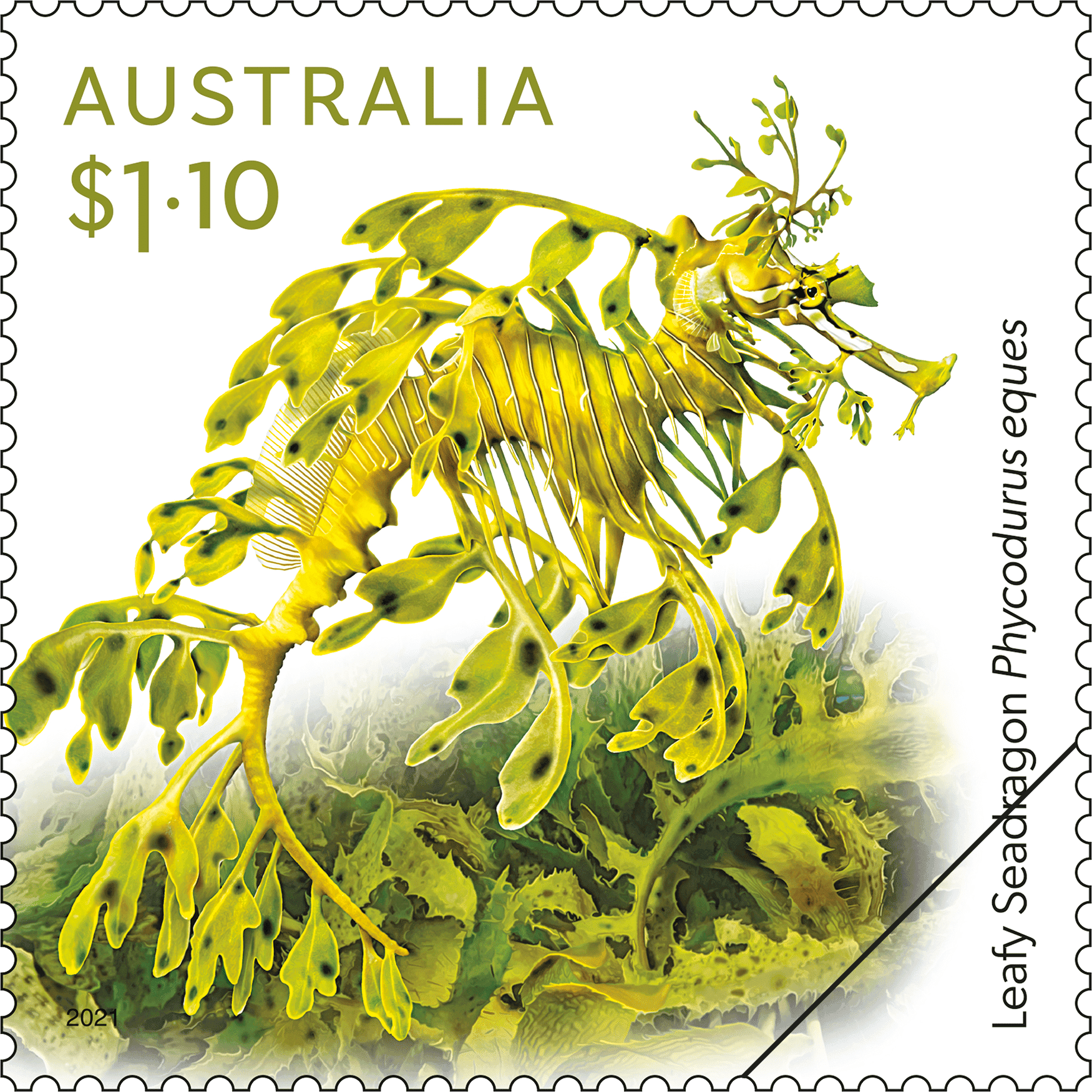 2021_Nature's_Mimics_Stamp_03_400 $1.10 Leafy Seadragon, Phycodurus eques