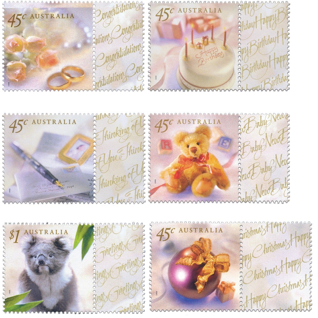 The six Personal Greetings stamps from September 1999 The six Personal Greetings stamps from September 1999