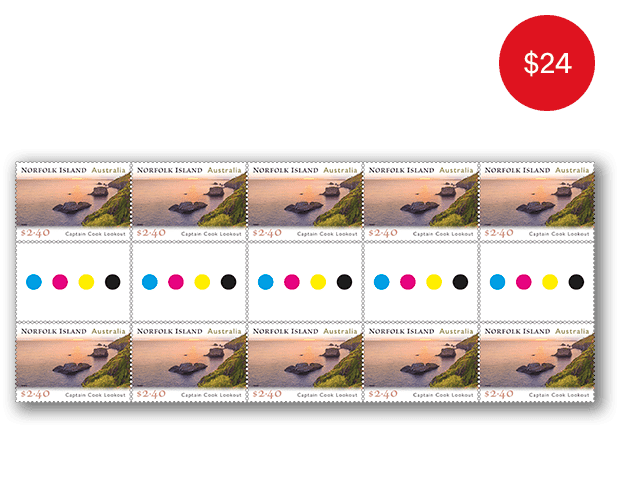 Norfolk Island Lookouts gutter strip 10X $2.40 Gutter Strip of 10x $2.40 Captain Cook Lookout Stamps