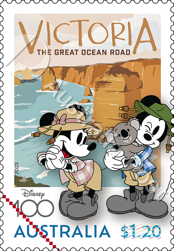 2023_SCM_Big_Things_Stamp_05_Watermark $1.20 Mickey and Minnie Mouse on the Great Ocean Road, VIC stamp