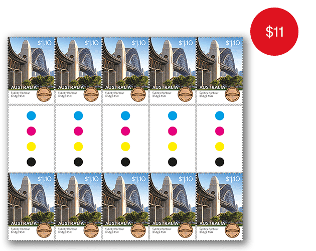Gutter Strip of 10x $1.10 Sydney Harbour Bridge Stamps