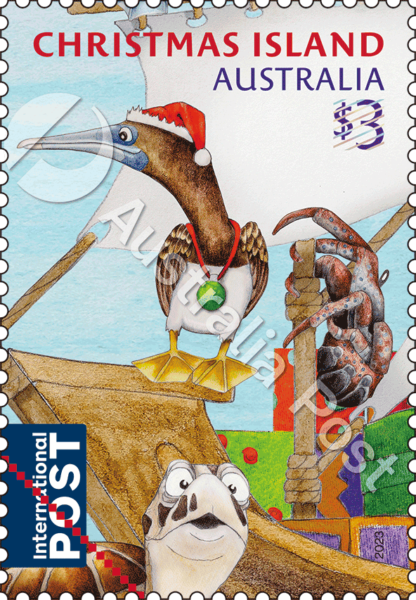 2023_CI_Christmas_Stamp_02_Watermark $3.00 Brown Booby, Robber Crab and Green Turtle