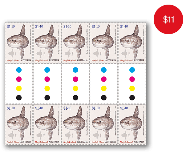 Gutter strip of 10 x $1.10 Bump-head Sunfish stamps