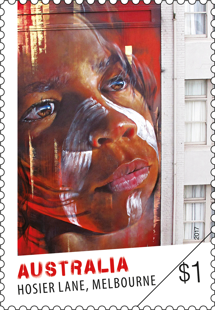 Street Art Hosier Land, Melbourne stamp $1 Mural by Adnate, Melbourne, 2014