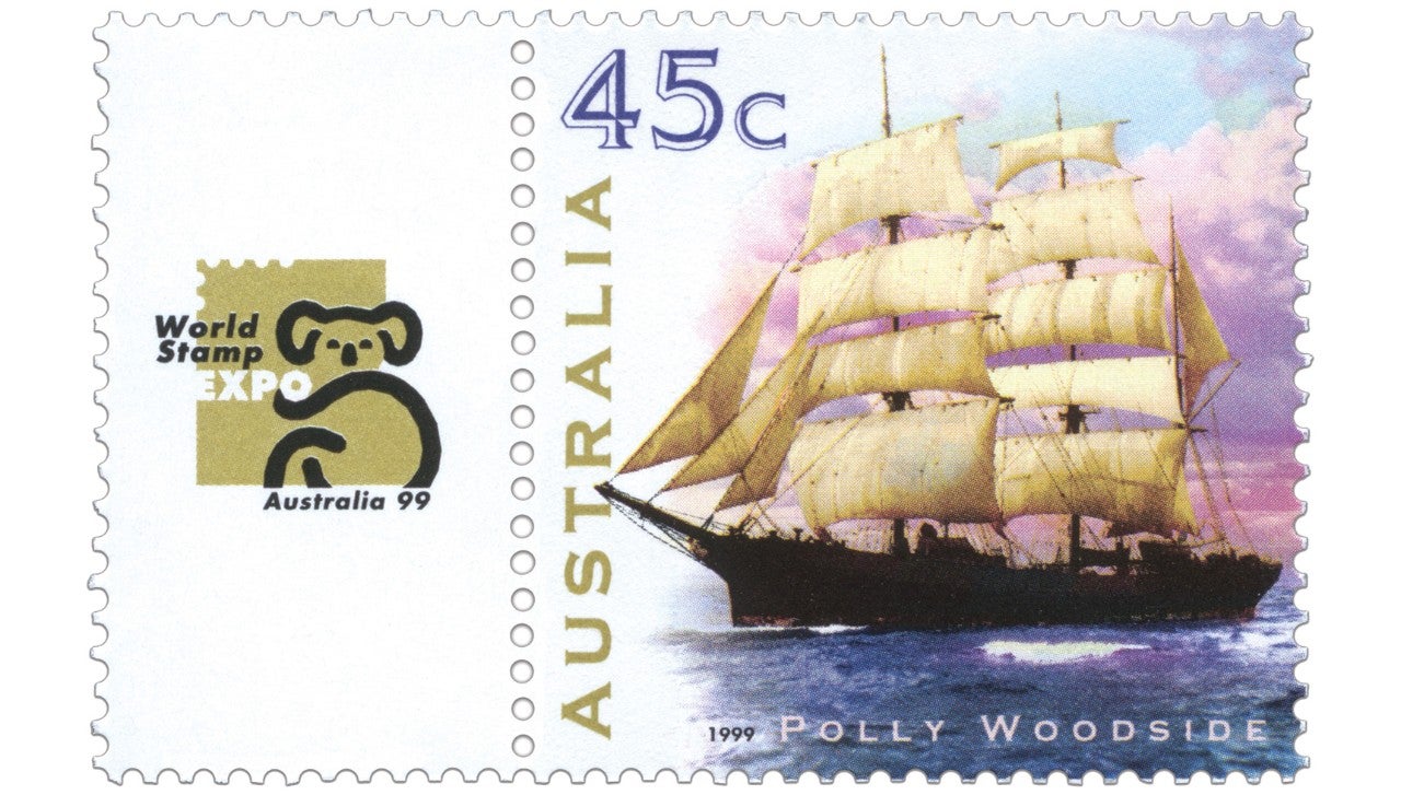 The 45 cent Polly Woodside Personalised Stamp originally issued as part of the Sailing Ships of Australia stamp issue in March 1999 The 45 cent Polly Woodside Personalised Stamp originally issued as part of the Sailing Ships of Australia stamp issue in March 1999
