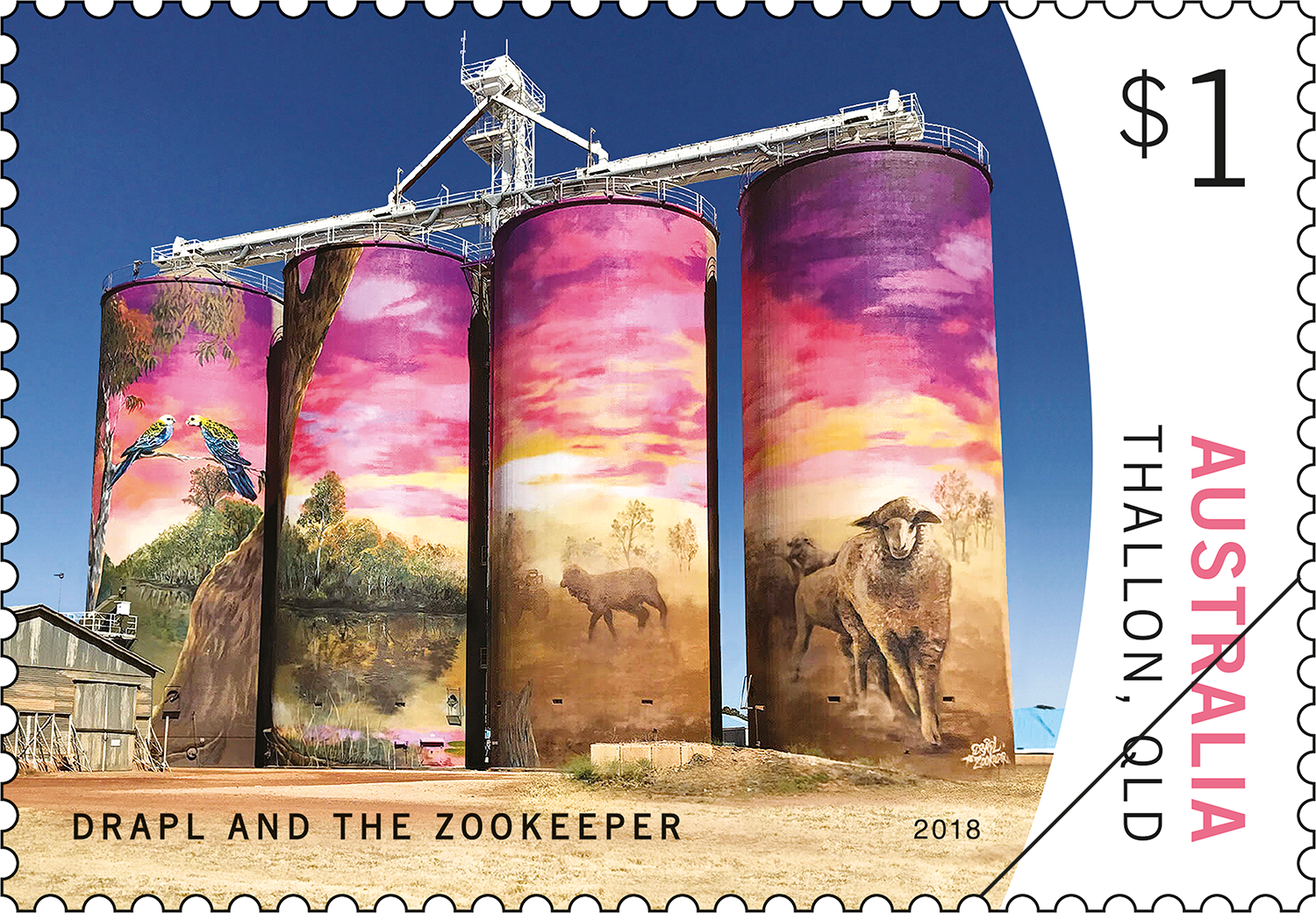 Silo Art stamp, Drapl and the Zookeeper, Thallon, Queensland $1.10 The Tweets