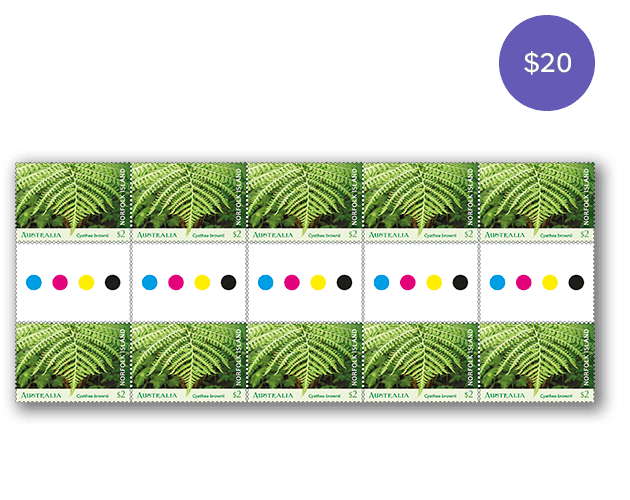 Norfolk Island Tree Fern gutter strip 10 x $2 Gutter strip 10 x $2 Norfolk Island Tree Fern stamps