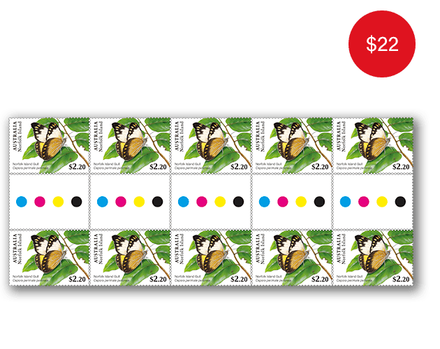 Gutter Strip of 10x $2.20 Norfolk Island Gull Stamps Gutter Strip of 10x $2.20 Norfolk Island Gull Stamps