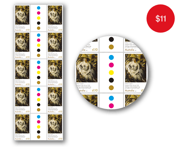 Gutter Strip of 10x $1.10 William Dobell Stamps Gutter Strip of 10x $1.10 William Dobell Stamps