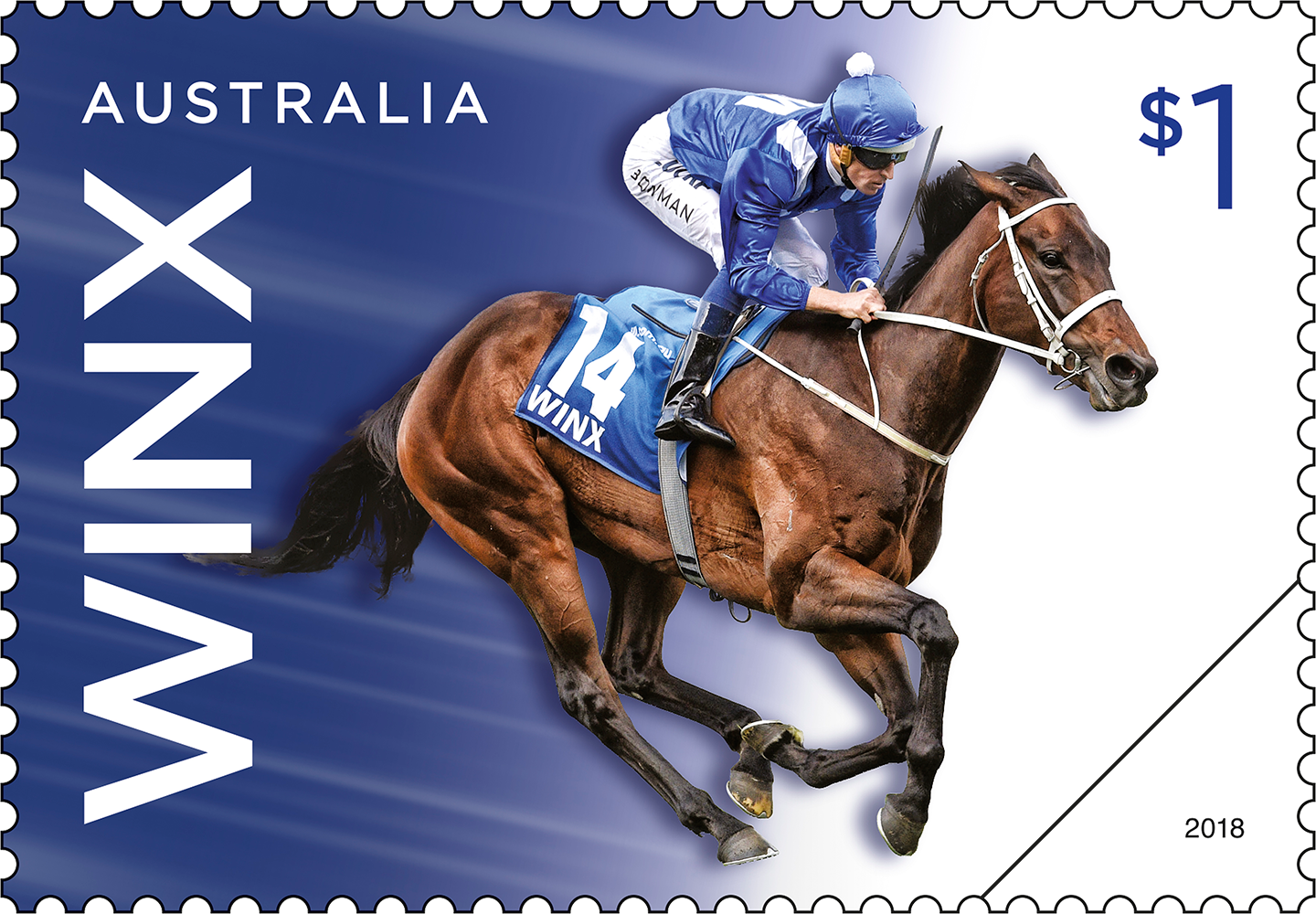 Winx stamp On the stamp, we see Winx in full flight during the 2015 Cox Plate – the first of her three successive Cox Plate wins. Winx is being ridden her regular jockey Hugh Bowman.
