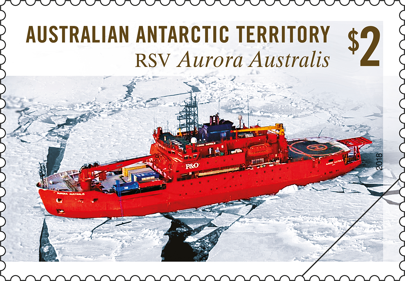 AAT: RSV Aurora Australis 30 years RSV Aurora Australis, aerial view stamp Exploration era