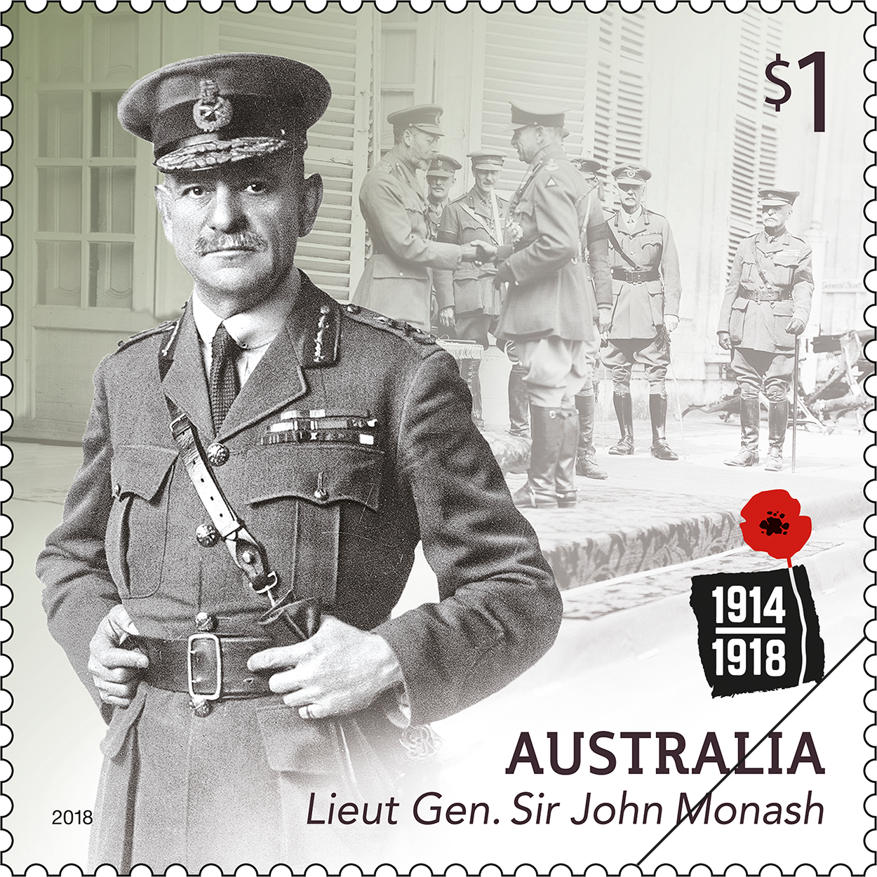 Centenary of WWI: 1918 Lieut Gen. Sir John Monash stamp Lieut Gen. Sir John Monash