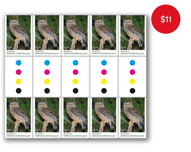 Gutter Strip of 10x $1.10 Norfolk Island Morepork Stamps