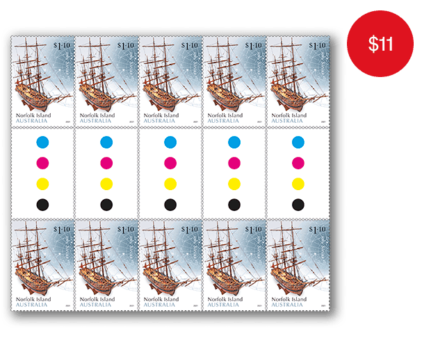 Gutter Strip of 10x $1.10 HMS Sirius Stamps