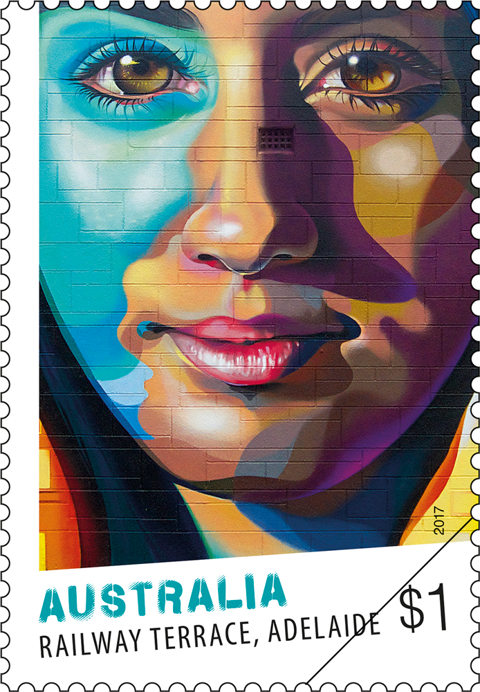 Street Art Railway Terrace, Adelaide stamp $1 Portrait by Vans the Omega, Adelaide, 2015