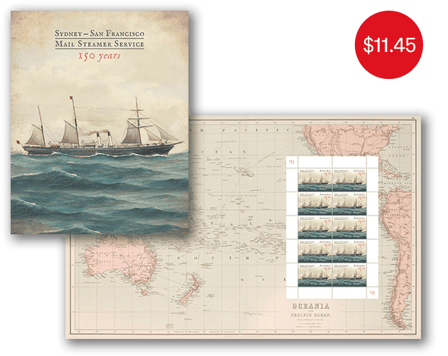Sydney-San Francisco Mail Steamer Service 150 Years sheetlet pack Sustainable Fish stamp pack