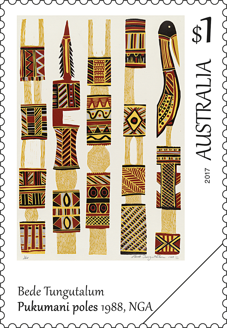 Bede Tungutalum, Pukumani poles, 1988, NGA stamp $1 Bede Tungutalum, Pukumani poles, 1988, NGA