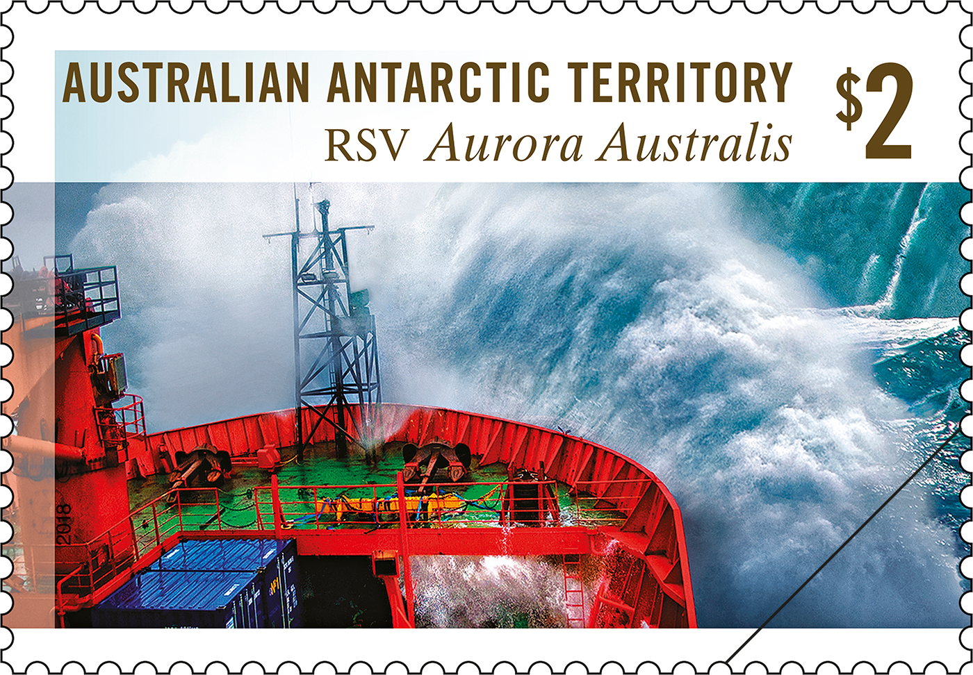 AAT: RSV Aurora Australis 30 years $2 RSV Aurora Australis in high seas stamp Exploration era
