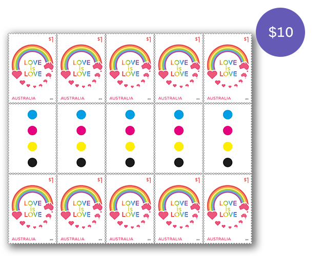 Gutter strip 10 x $1 Love is Love Marriage Equality stamps