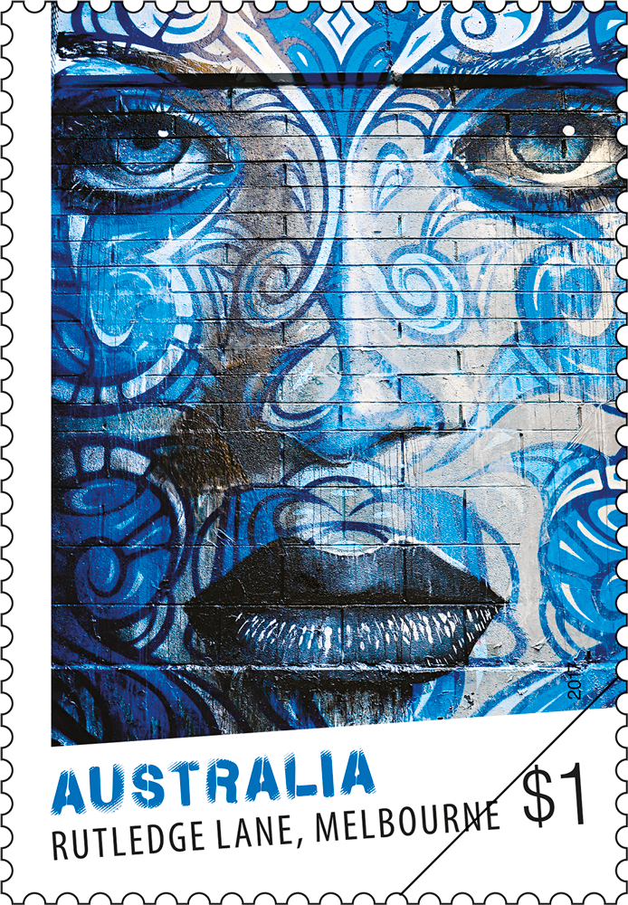 Street Art Rutledge Land, Melbourne stamp $1 Forever curious by Rone and Phibs, Melbourne, 2013