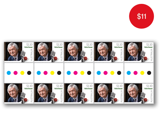 Gutter strip 10 x $1.10 Richie Benaud stamps