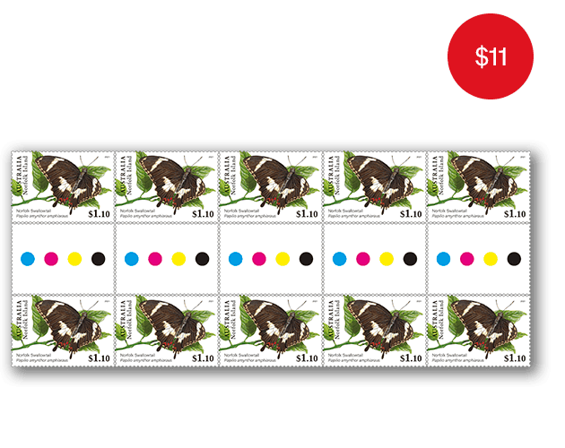Gutter Strip of 10x $1.10 Norfolk Swallowtail Stamps Gutter Strip of 10x $1.10 Norfolk Swallowtail Stamps