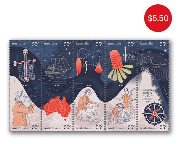 Set of Navigating History: Endeavour Voyage 250 Years gummed stamps