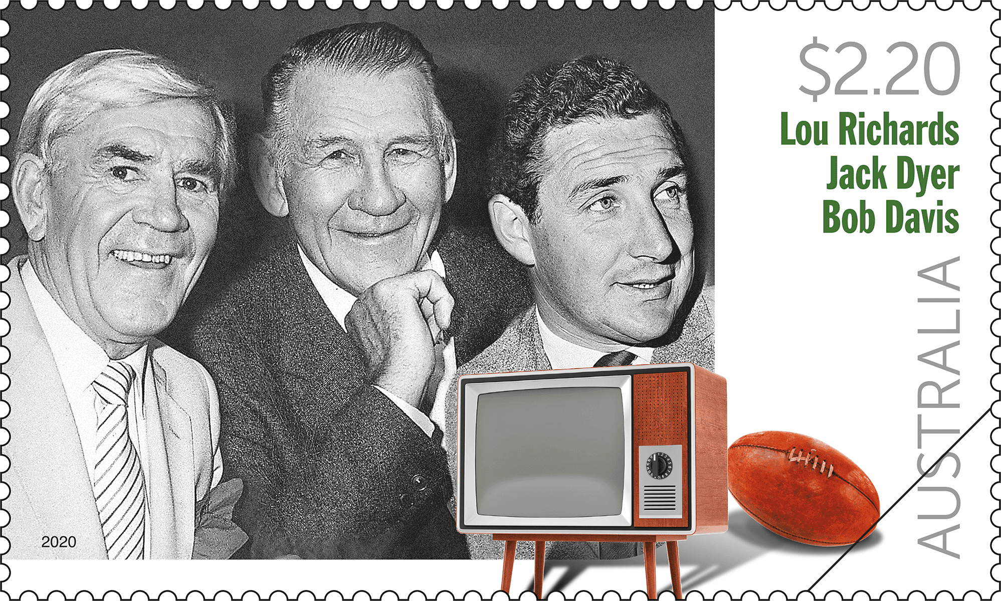 Word of Sport Lou Richards, Jack Dyer and Bob Davies stamp Lou Richards MBE, Jack Dyer OAM and Bob Davis