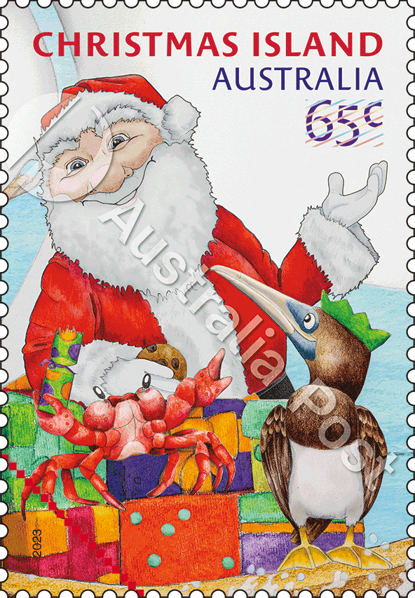 2023_CI_Christmas_Stamp_02_Watermark 65c Santa with a Red Crab and Brown Booby