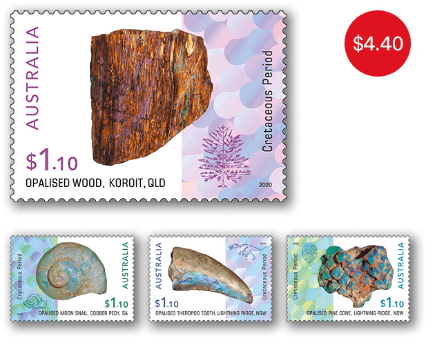 Set of Opalised Fossils gummed stamps