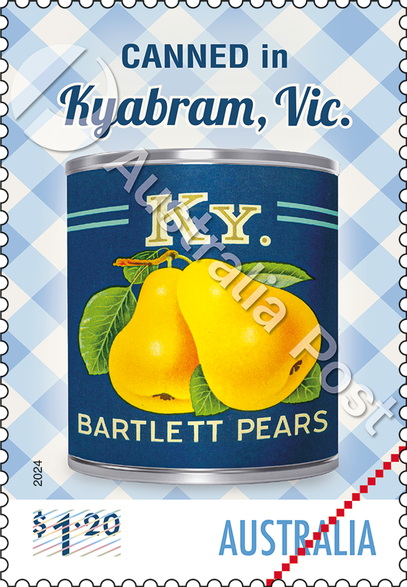 Nostalgic_Fruit_labels_stamp_02_WM $1.20 KY Bartlett pears, canned in Kyabram, Vic