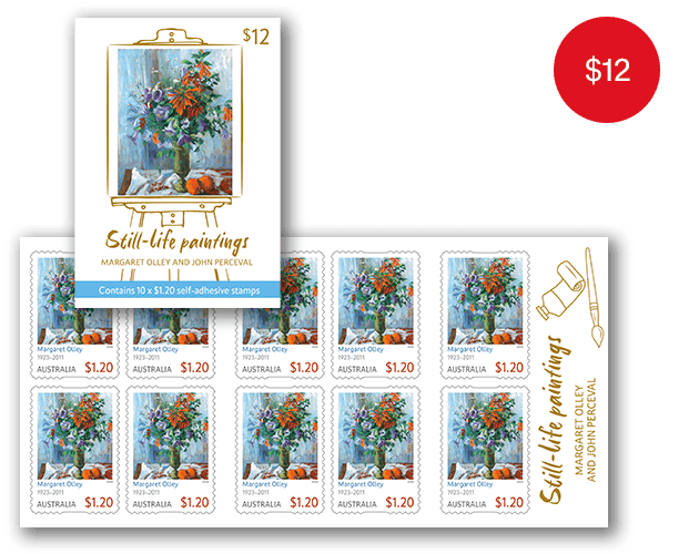 Still-life Paintings: Margaret Olley and John Perceval booklet of 10 Margaret Olley stamps Booklet of 10x $1.20 Margaret Olley Stamps