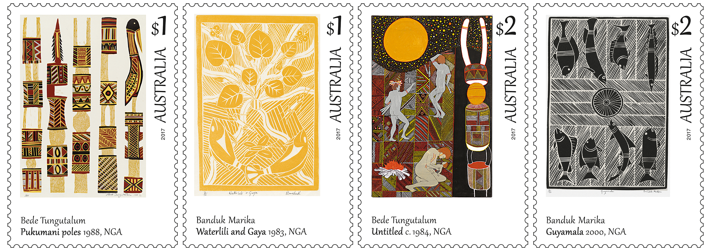 The stamps, designed by Lynette Traynor of the Australia Post Design Studio, feature two works from each artist. All works are part of the collection of the National Gallery of Australia. Art of the North stamp issue