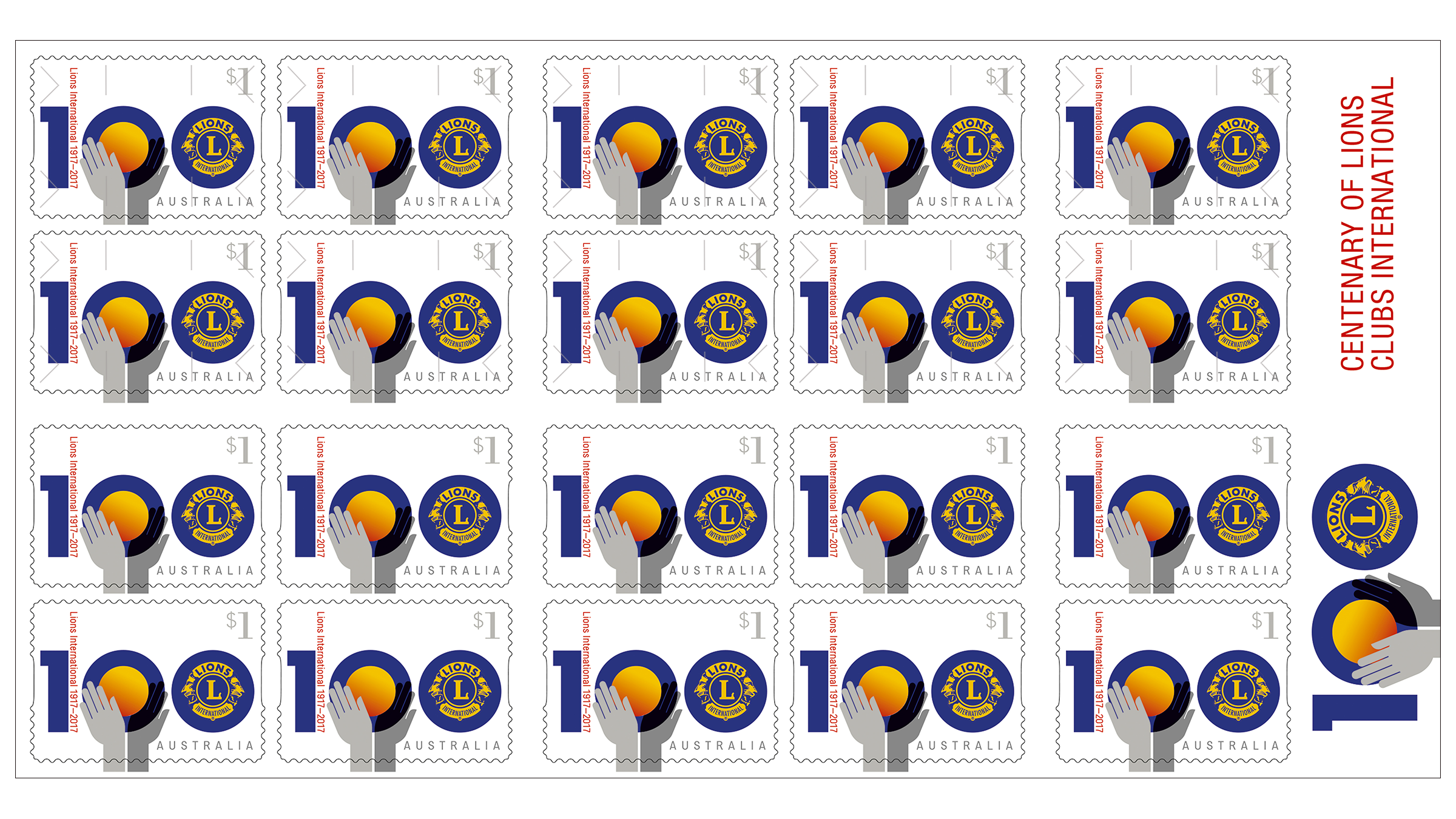 Centenary of Lions Clubs International booklet of 20 self-adhesive stamps, with micro cuts super-imposed over half of the booklet. This is an artistic impression only. Centenary of Lions Clubs International booklet of 20 self-adhesive stamps, with micro cuts super-imposed over half of the booklet. This is an artistic impression only.