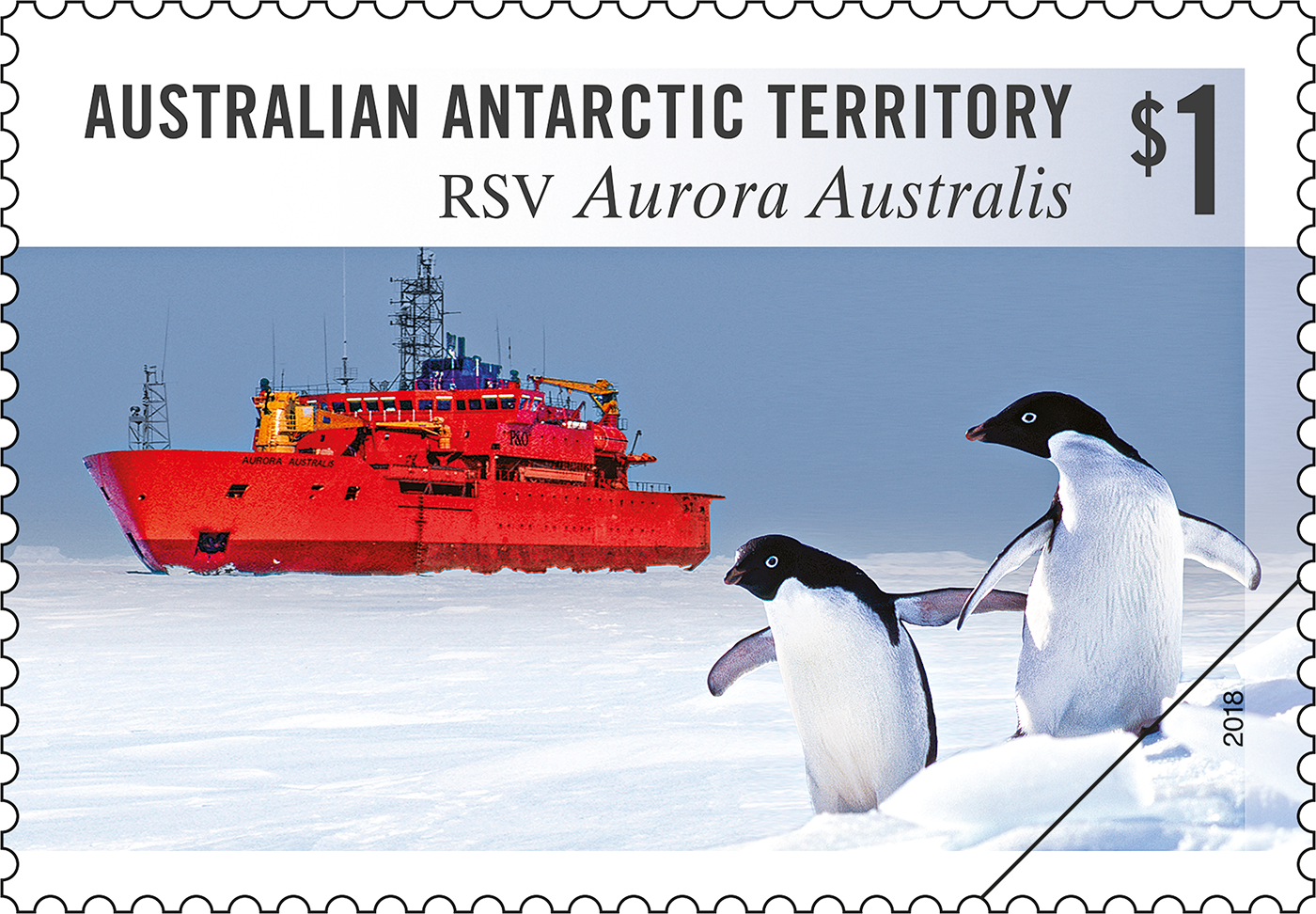 AAT: RSV Aurora Australis 30 years $1 RSV Aurora Australis and Adélie Penguins stamp Exploration era