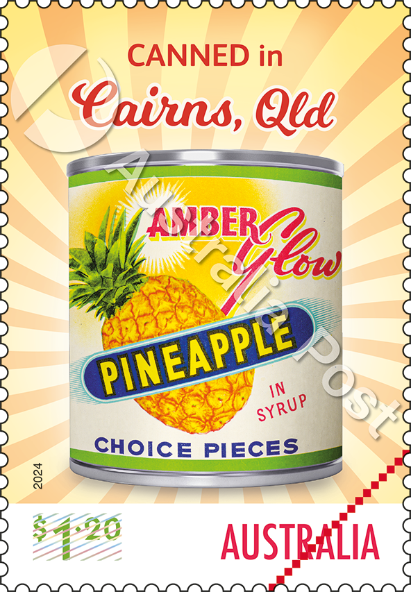 Nostalgic_Fruit_labels_stamp_02_WM $1.20 Amber Glow pineapple, canned in Cairns, Qld