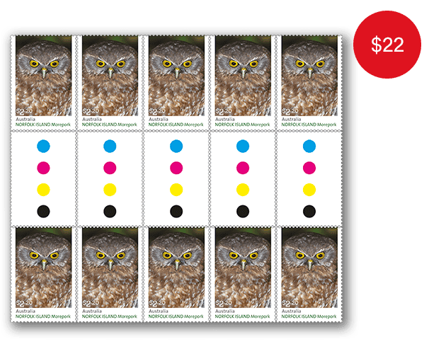 Gutter Strip of 10x $2.20 Norfolk Island Morepork Stamps